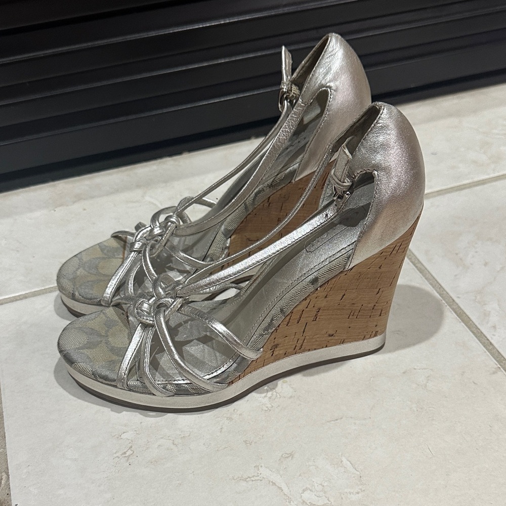 Coach Metallic Silver Wedge Sandals